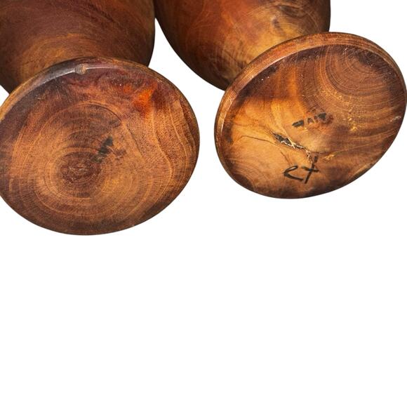 Pair Wooden Wine Goblets Mid Century Modern Turned From a Single Piece of Wood - Picture 3 of 9